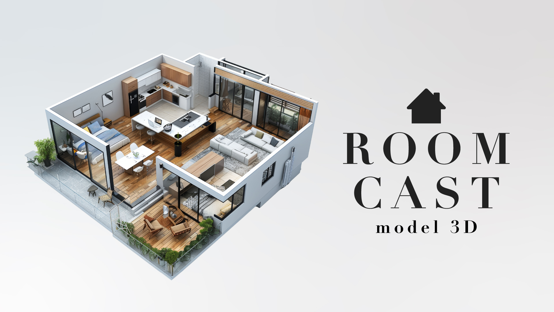 ROOM CAST model 3Dのロゴと間取り図